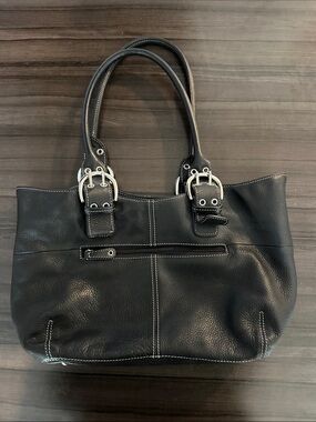 Classic Black Leather Tote with Silver Buckle Accents
